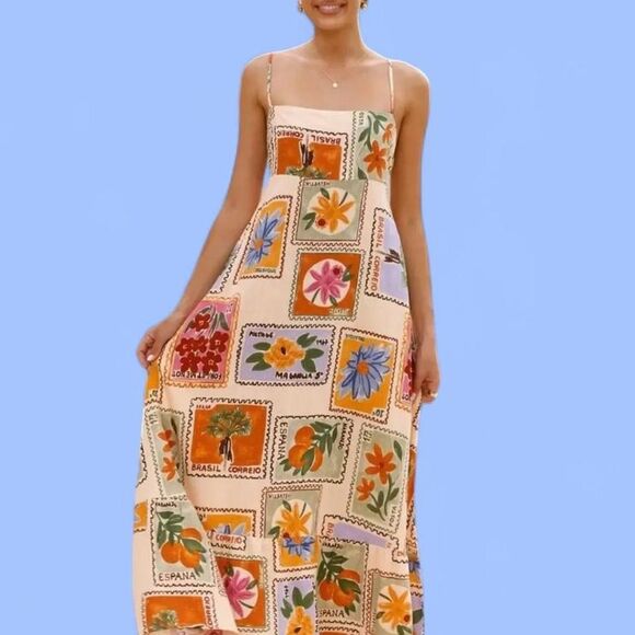 Anthropologie Paper Heart Tropical Postcard Printed, Square-Neck Maxi Dress.M. - Picture 1 of 8